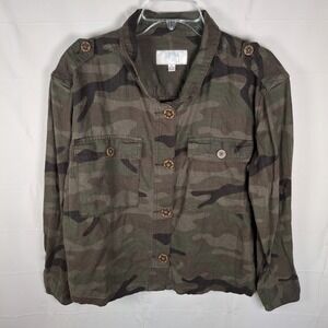 Time and Tru Women's Short‎ Camo Jacket Stylish Button Medium (8-10) Linen Blend